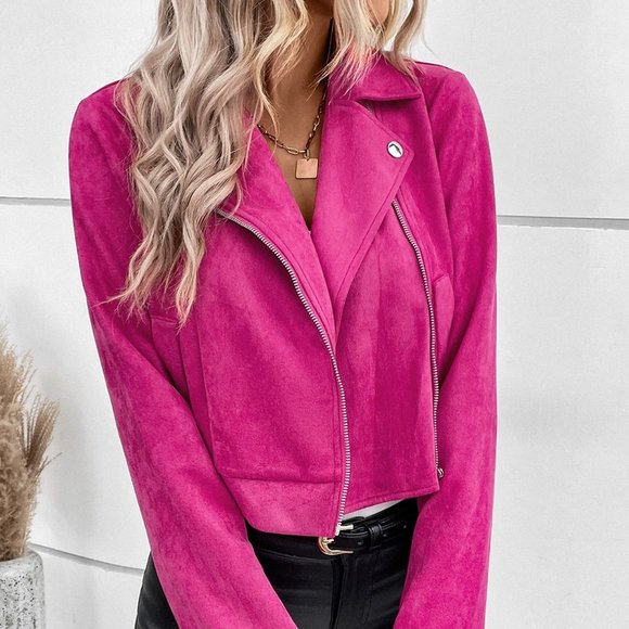 Hot pink Casual womens Zip Up Faux Suede Moto Jacket - Picture 3 of 5